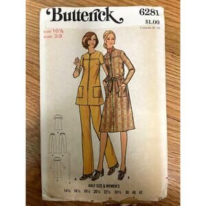 UNCUT Vintage 1970s Butterick 6281 Sewing Pattern Size 16 1/2 Dress Tunic Pants